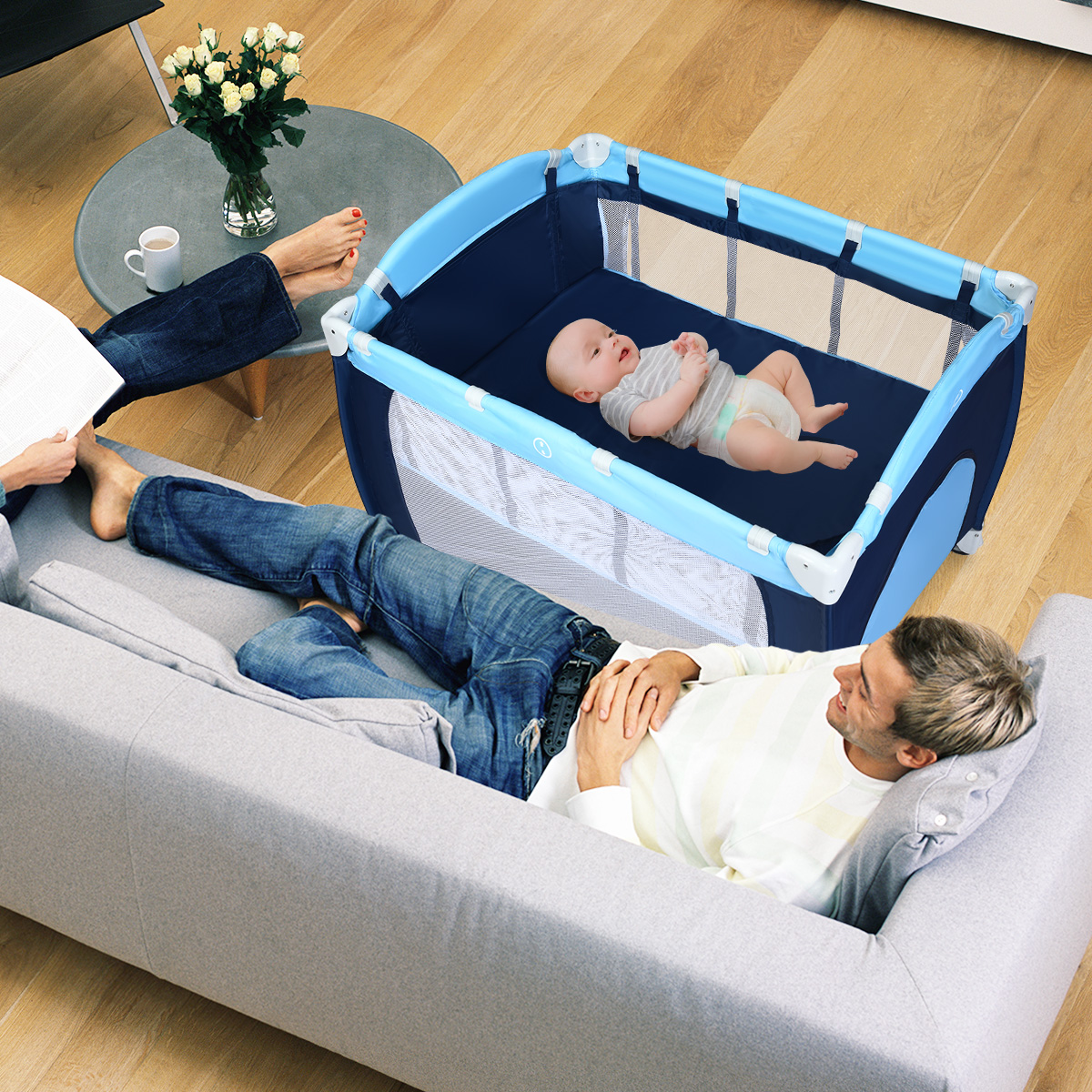 4 in 1 Klappbares Reisebett & Babywiege 123 x 63 x 76 cm Blau