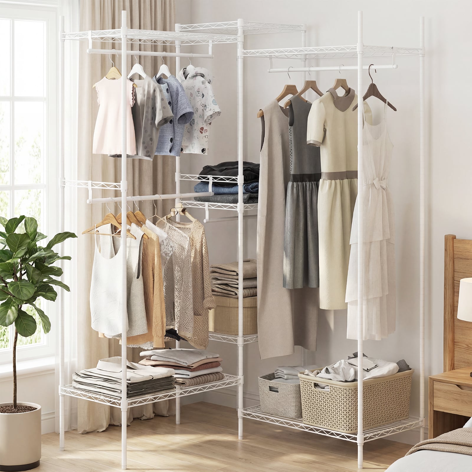 Tragbarer Kleiderschrank wandelbarer Kleiderorganizer mit L-Form & horizontaler Montage Weiß