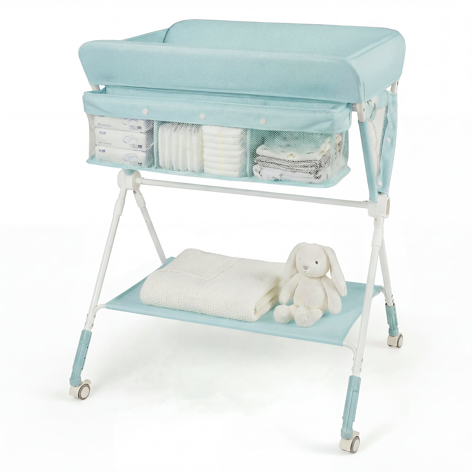 Tragbarer Wickeltisch klappbare Wickelstation mit 3-fach verstellbarer Höhe & feststellbaren Rollen Grün