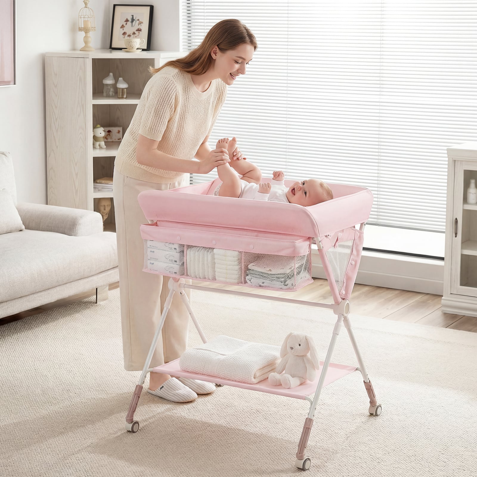 Tragbarer Wickeltisch klappbare Wickelstation mit 3-fach verstellbarer Höhe & feststellbaren Rollen Rosa