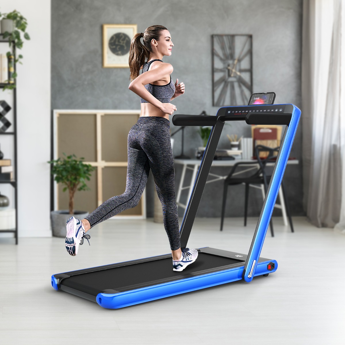 Klappbares 2-in-1-Laufband Heimtrainer mit zwei LED-Anzeigen APP & Fernbedienung Blau