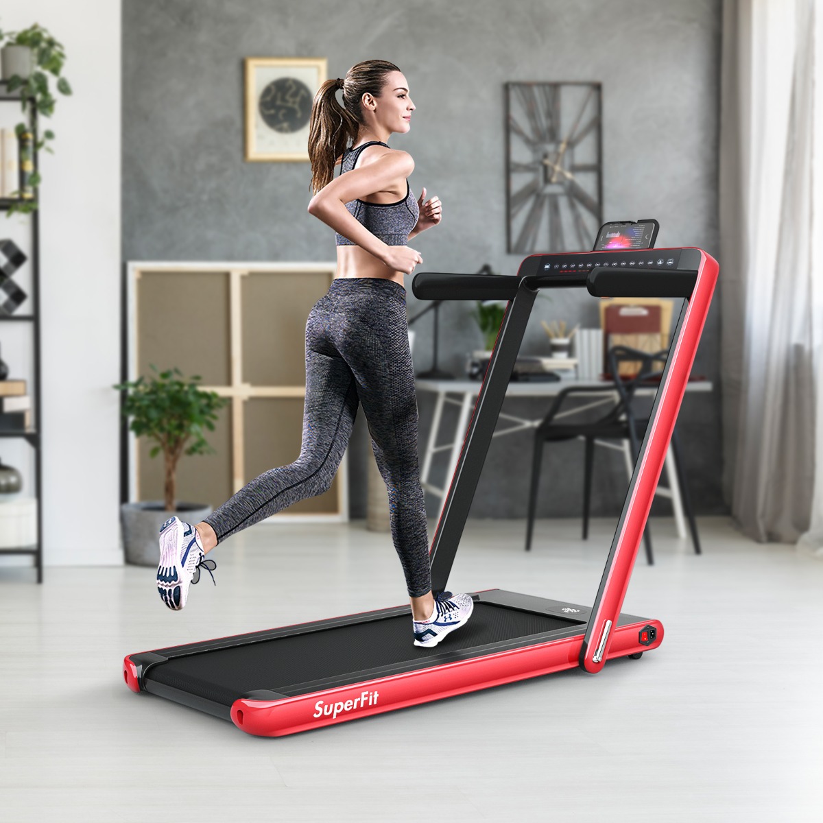 Klappbares 2-in-1-Laufband Heimtrainer mit zwei LED-Anzeigen APP & Fernbedienung Rot