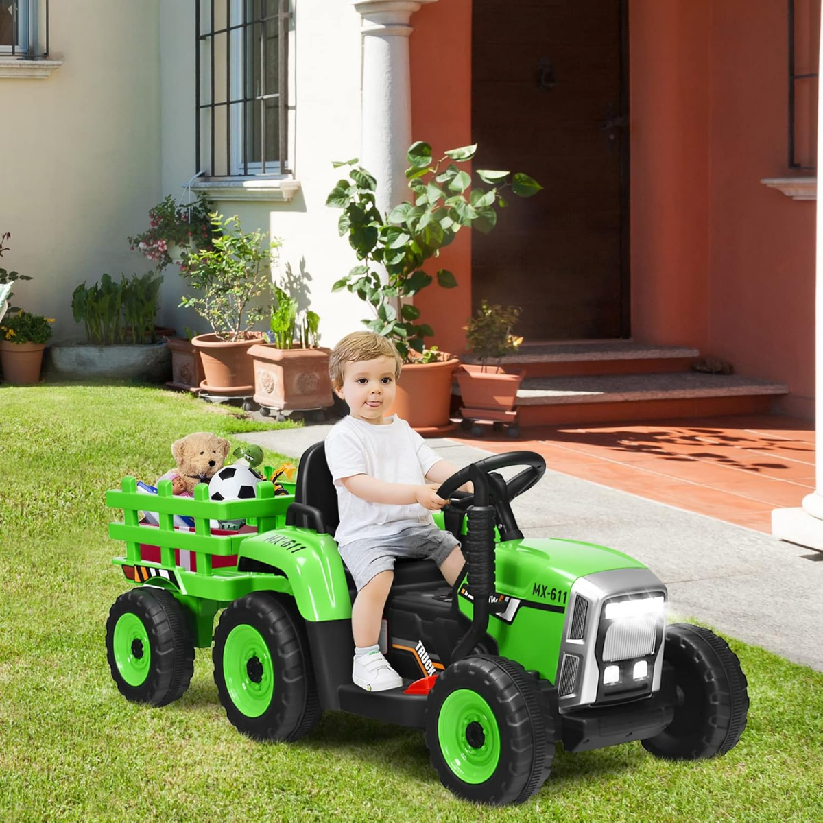 3-Gang Kinder Traktor 12V Aufsitztraktor mit abnehmbarem Anhänger & LED Lichtern Hupe & USB Funktionen Grün