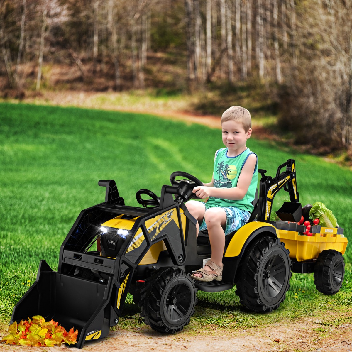 12V Kinder Traktor mit Anhänger & Grabschaufel & MP3-Player für Kinder von 3-8 J. Gelb