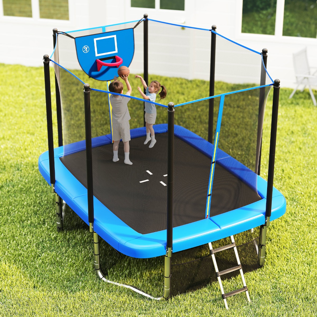 3 in 1 Rechteckiges Trampolin mit Leiter & Basketballkorb & Fußballtor Kindertrampolin Blau