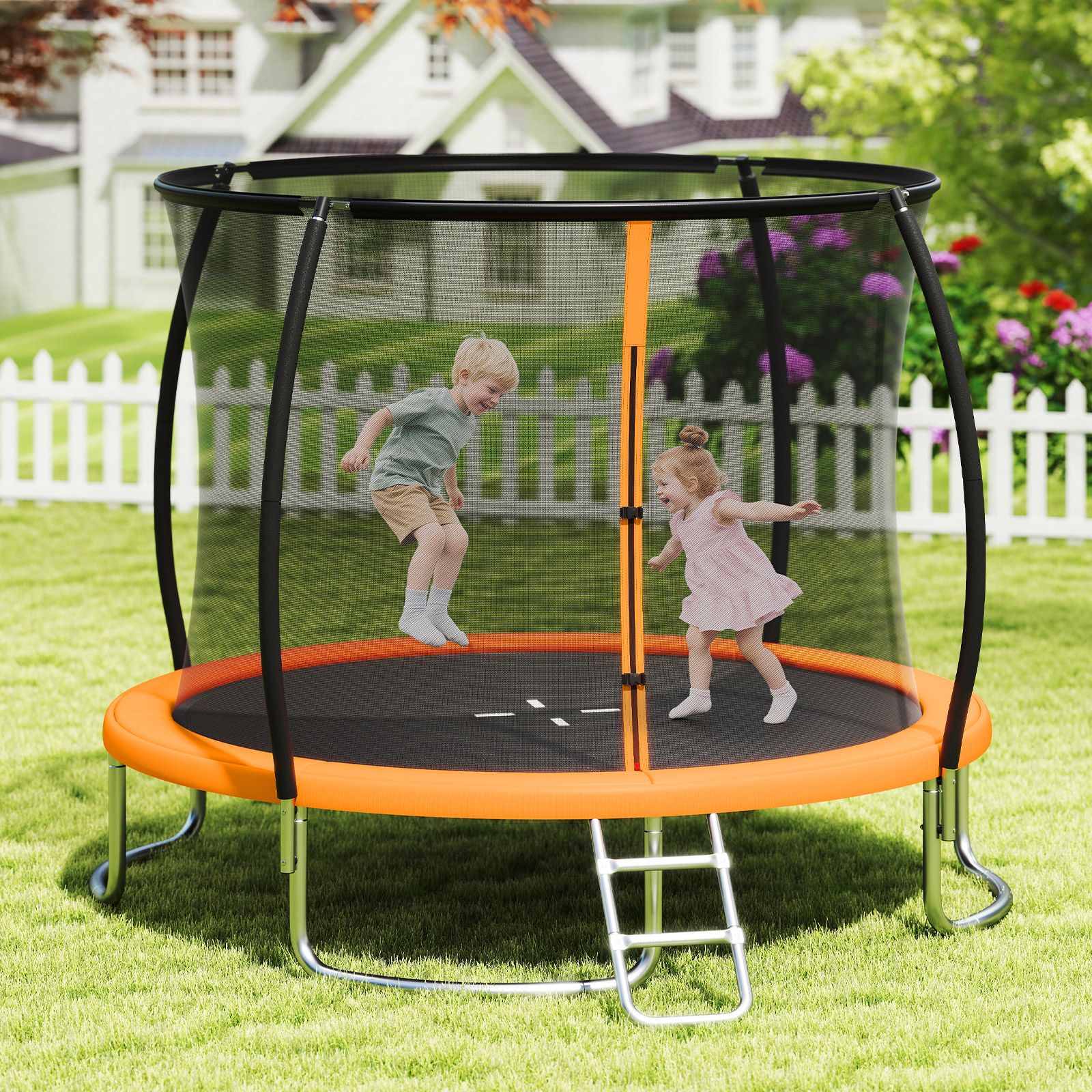 Trampolin outdoor mit Leiter Gartentrampolin rund mit Sicherheitsnetz Randabdeckung & Metallrahmen Ø305cm Orange