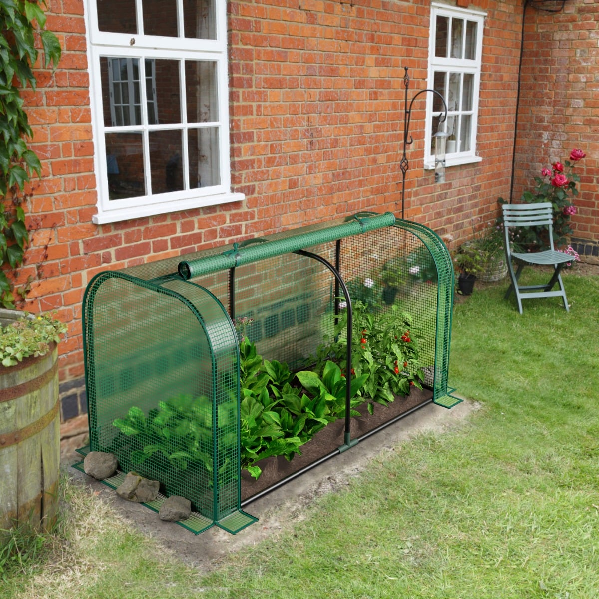 2 in 1 Mini Gewächshaus mit Aufrollbarer Reißverschlusstür PE-Abdeckung für Hochbeet Grün