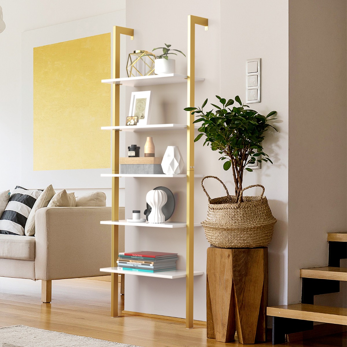 Leiterregal mit 5 Ebenen & Metallrahmen Standregal Bücherregal 61 x 30 x 183 cm Golden