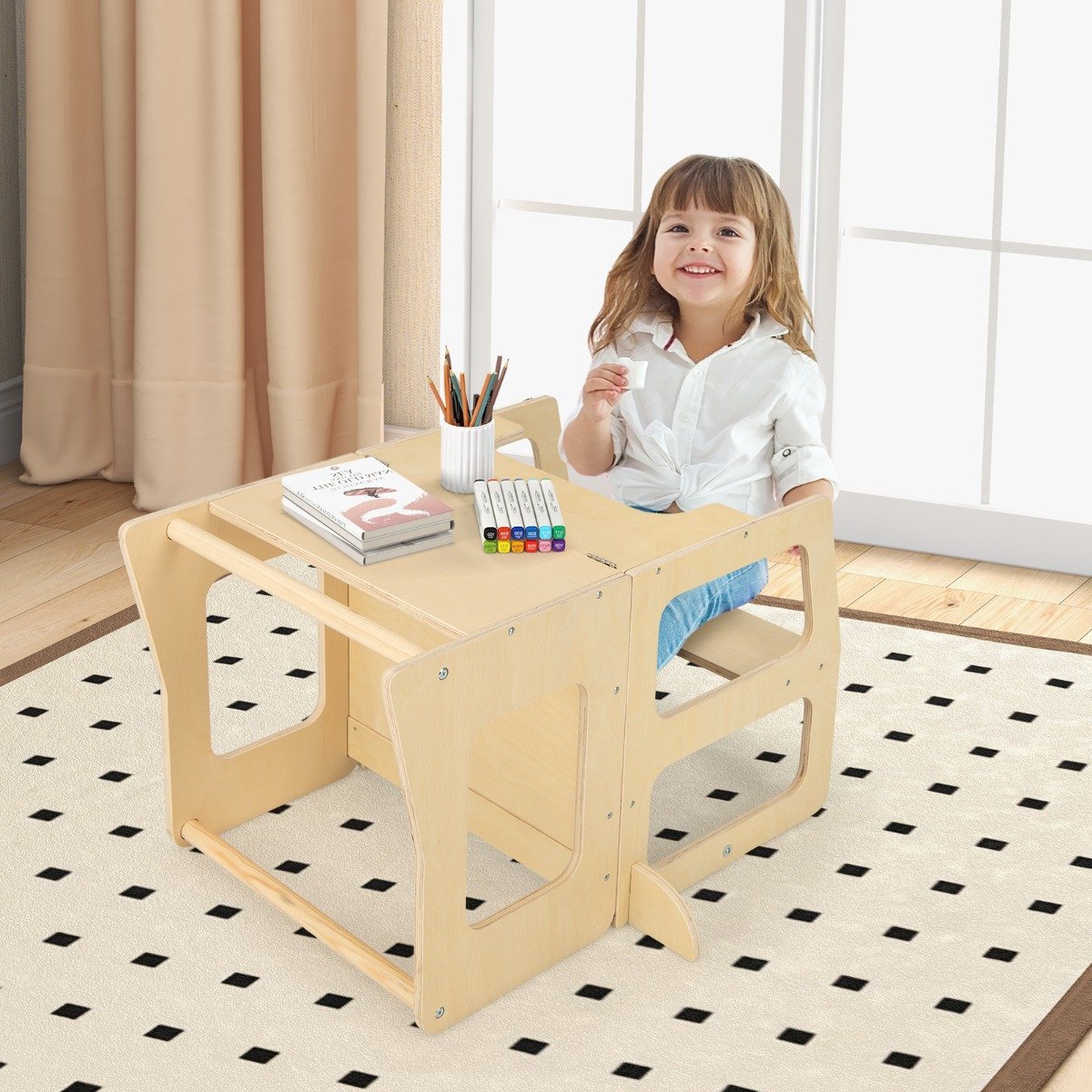 3 in 1 Kinder Lernturm Klappbarer Tritthocker & Tafel & Kindertisch-Set ab 3 Jahre Stehturm Natur