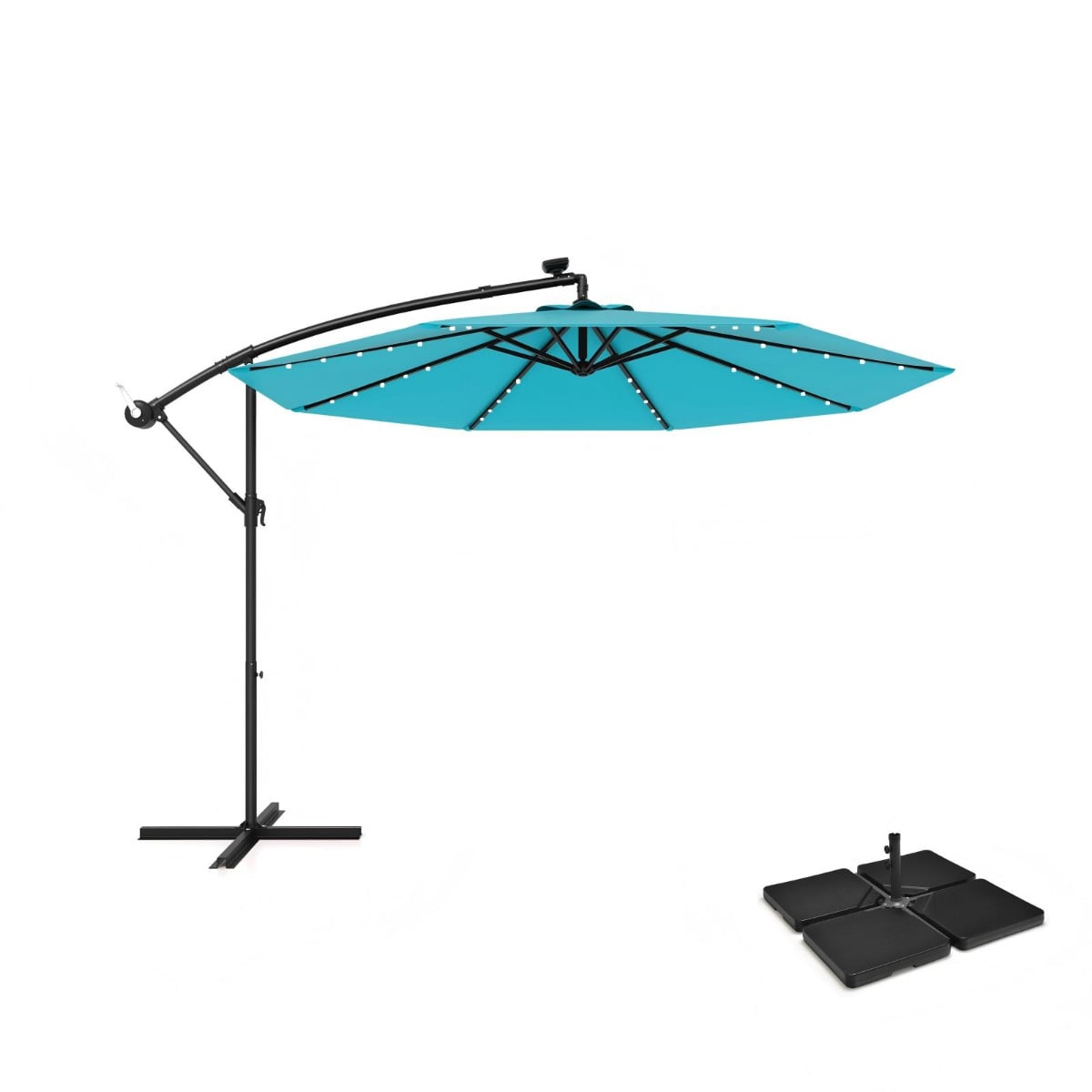 Sonnenschirmständer 52 Liter / 78 kg + Sonnenschirm mit 40 Solar-LED-Leuchten Set Türkis