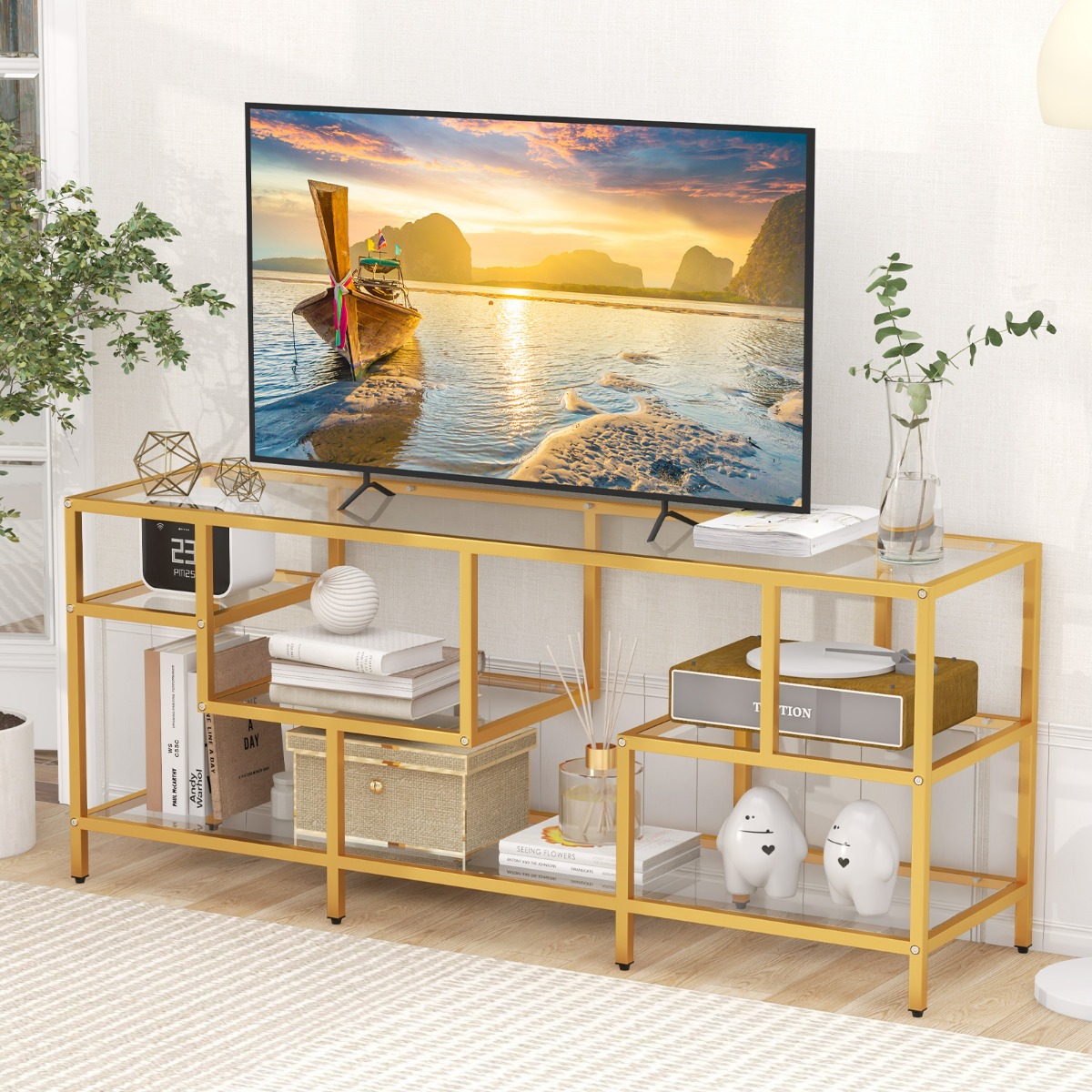 TV-Schrank Fernsehtisch für Fernseher bis zu 65 Zoll TV-Tisch Gold 147 x 40 x 62 cm