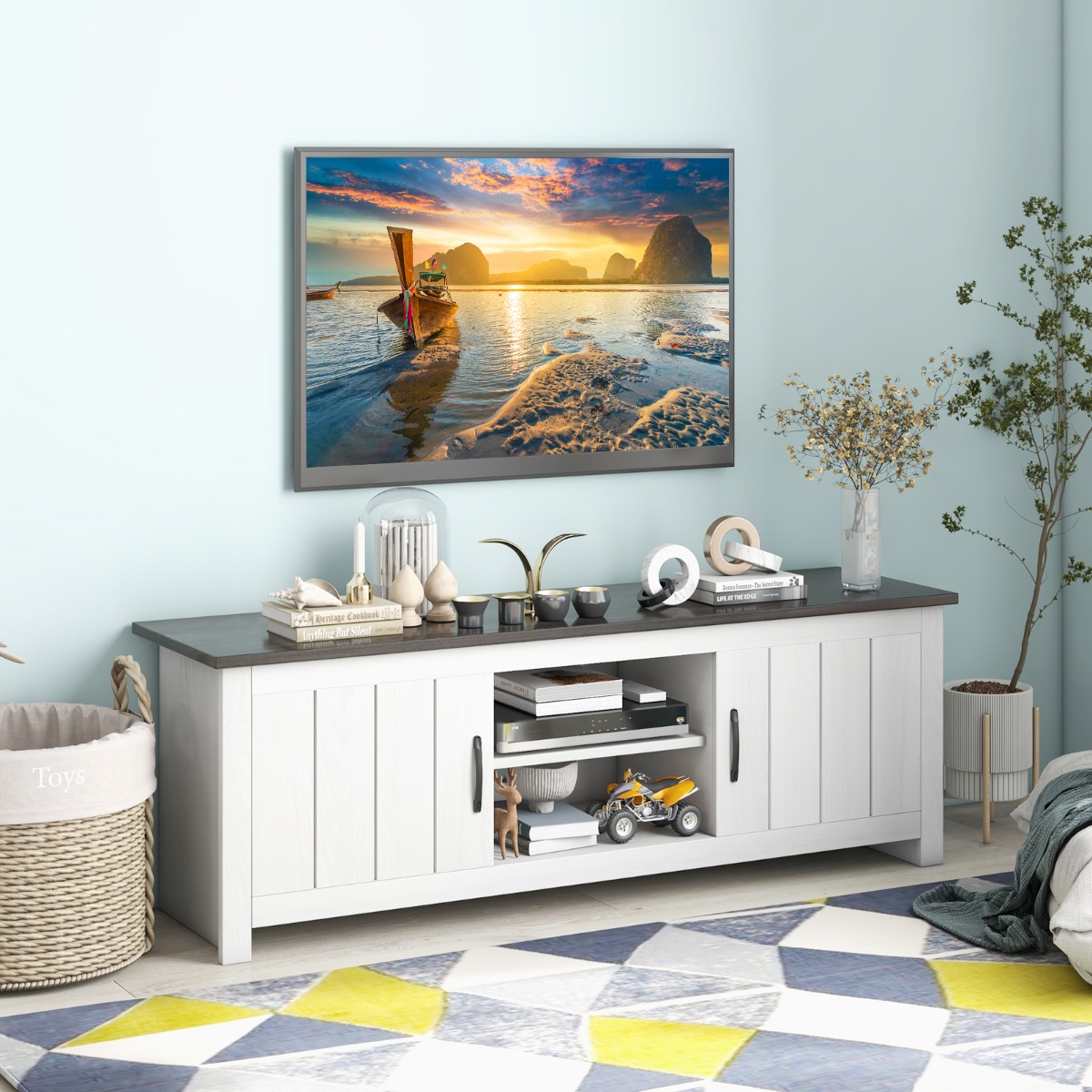 TV-Ständer mit 2 Türen & 2 Schränken & Offenen Regalen Fernsehtisch für Fernseher bis 65' Dunkelgrau