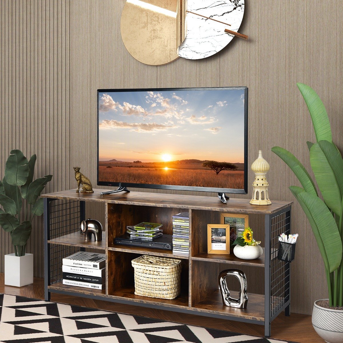 TV-Schrank Lowboard mit offenen Fächern TV-Regal für Fernseher bis 65 Zoll 140 x 40 x 62,5 cm Rustikales Braun