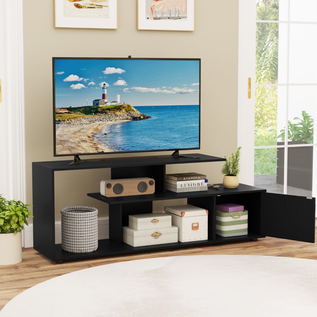 TV-Ständer für Fernseher bis zu 55 Zoll mit Ablageflächen & Schrank TV Schrank Lowboard Schwarz