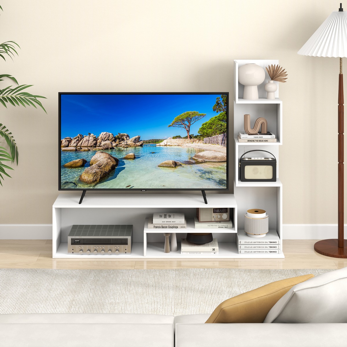 Fernsehschrank Holz Fernsehtisch mit Bücherregal für TVs bis zu 50' 144,5 x 29,5 x 121 cm Weiß