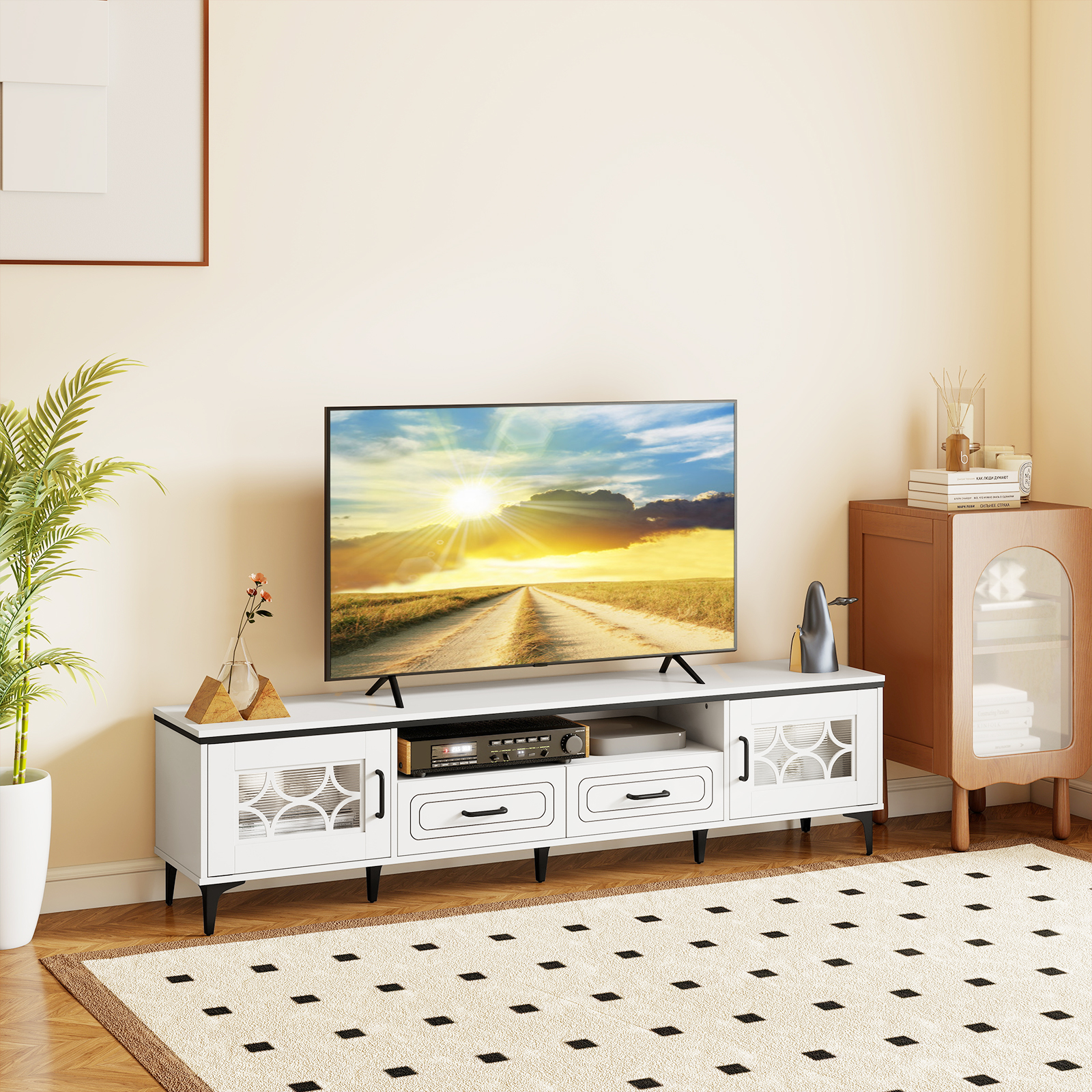 TV Schrank Bambus Lowboard für Fernseher bis zu 80 Zoll Fernsehschrank mit 2 Schubladen & 2 Türen & Fach Weiß