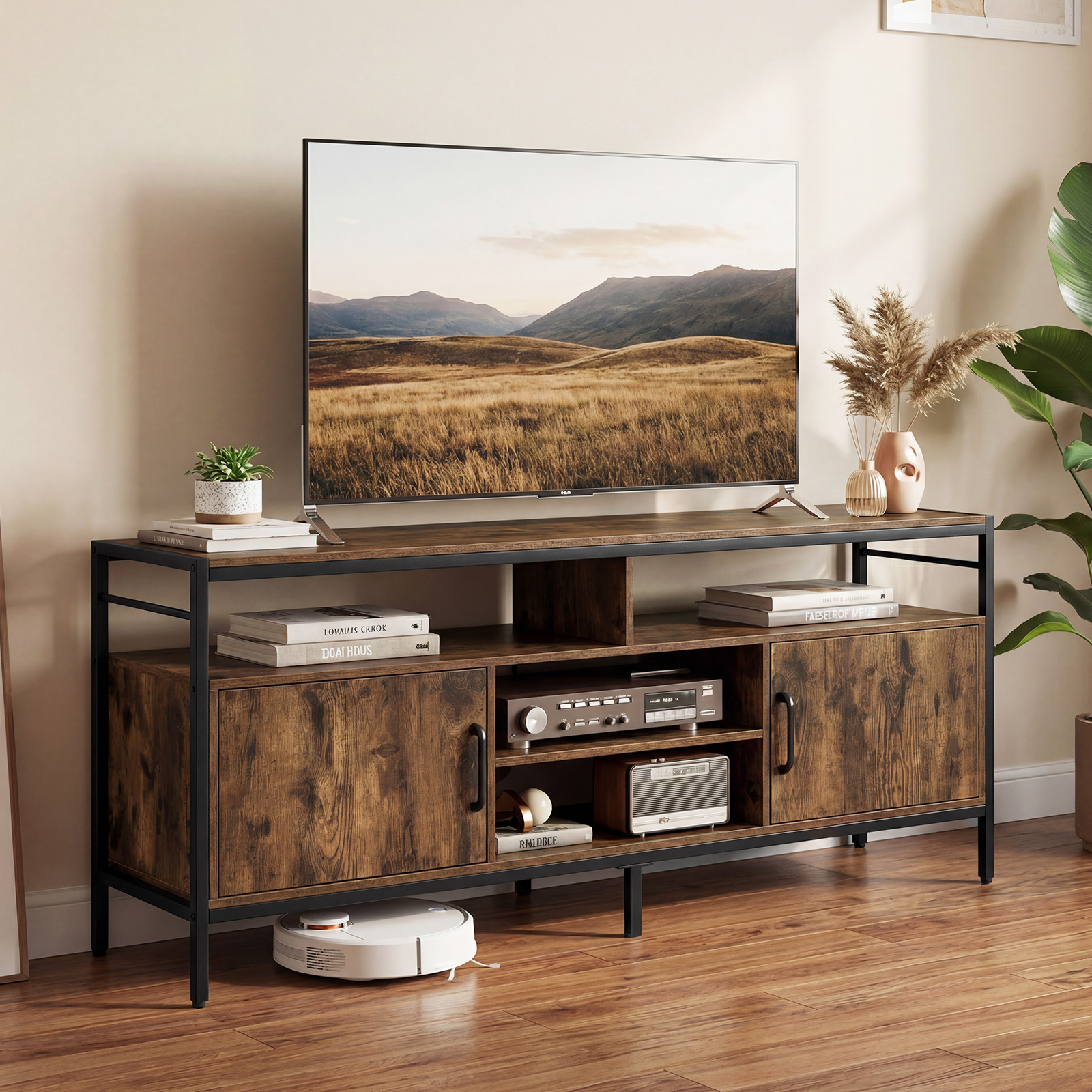 TV-Schrank Lowboard für 65' Fernseher mit 2 Schränke & 4 offene Regale Rustikal Braun