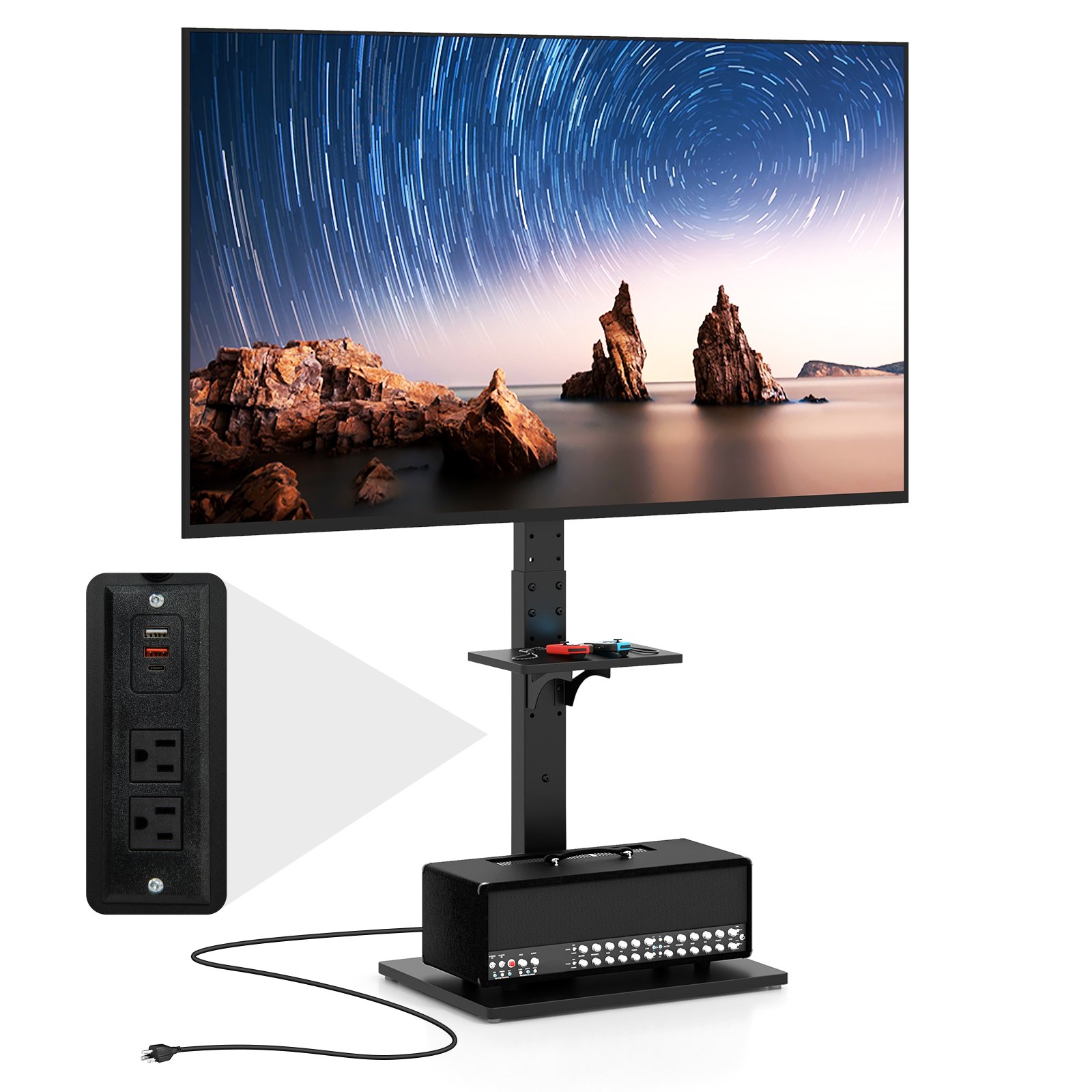 TV Ständer für 32-70 Zoll Flach & Curved Fernseher bis zu 45 KG TV-Standfüße 108-132 cm  höhenverstellbar mit 2 Steckdosen &  USB-  / Type C