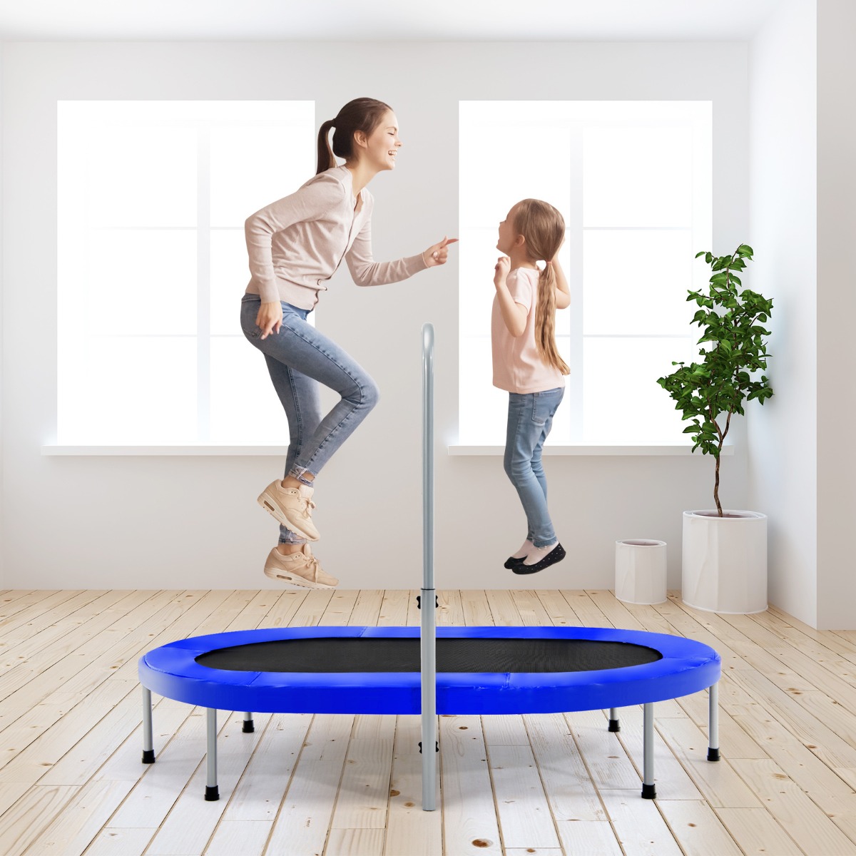 2 Personen Trampolin mit höhenverstellbarm Haltegriff Mini Trampolin 154 x 90 x 92 -132 cm Blau