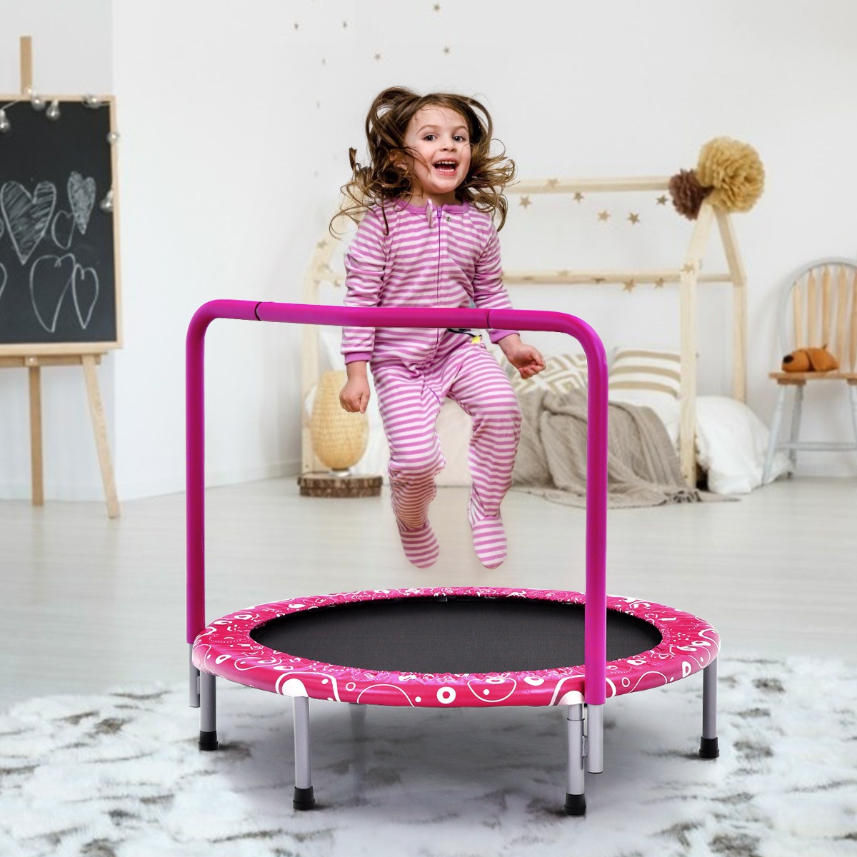 φ92 cm Kindertrampolin Mini-Trampolin mit Griff klappbares Trampolin bis 150kg belastbar Rosa + schwarz