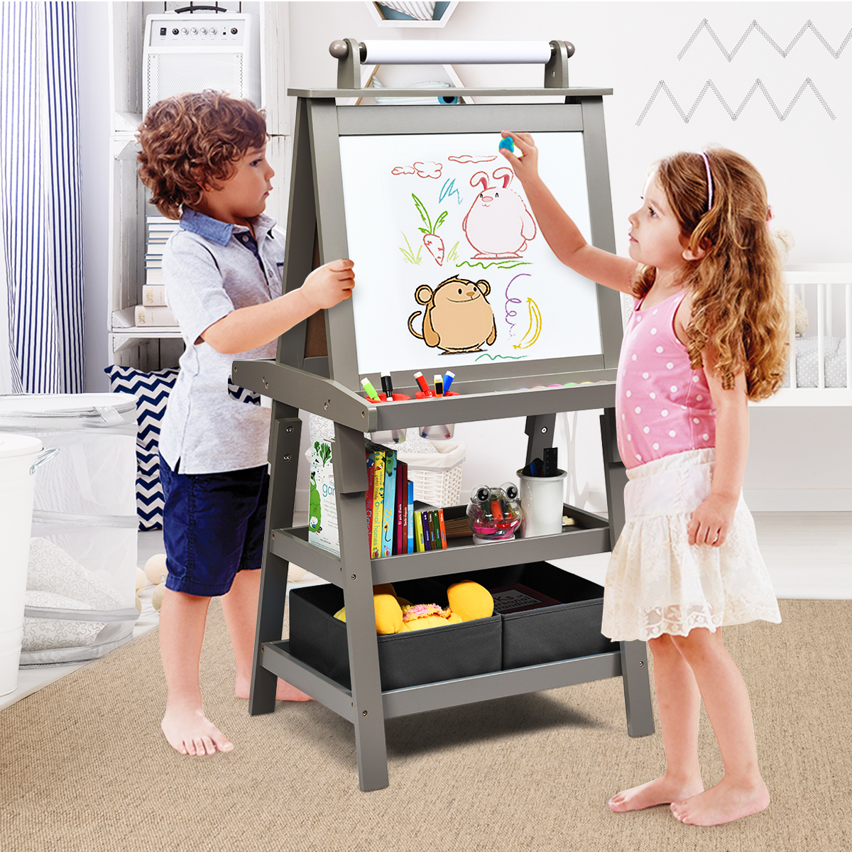 3 in 1 Kinder Staffelei Kindertafel doppelseitig Whiteboard & Kreidetafel & Zeichenpapier für Kleinkinder Grau