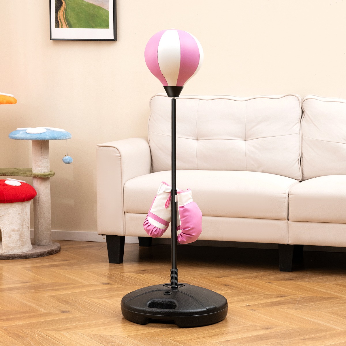 81-123cm Höhenverstellbarer Punchingball inkl. Boxhandschuhe & Handpumpe Kinder Boxset Rosa