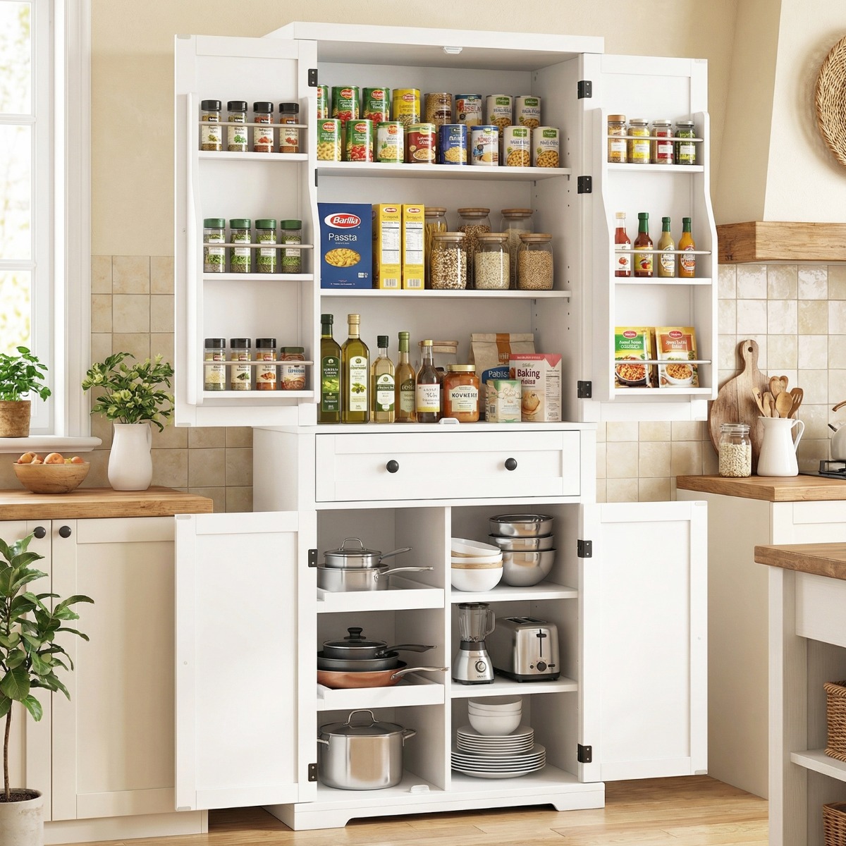 Küchenschrank mit 4 Verstellbaren Einlegeböden & Großer Schublade & 4 Türen Buffetschrank Weiß