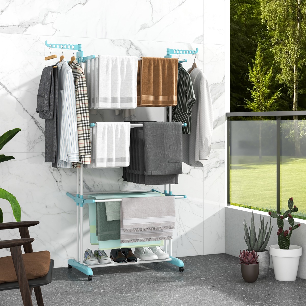 3-stufiger Wäscheständer zusammenklappbarer Wäschetrockner 127 x 63 x 171 cm Blau + Weiß + Schwarz