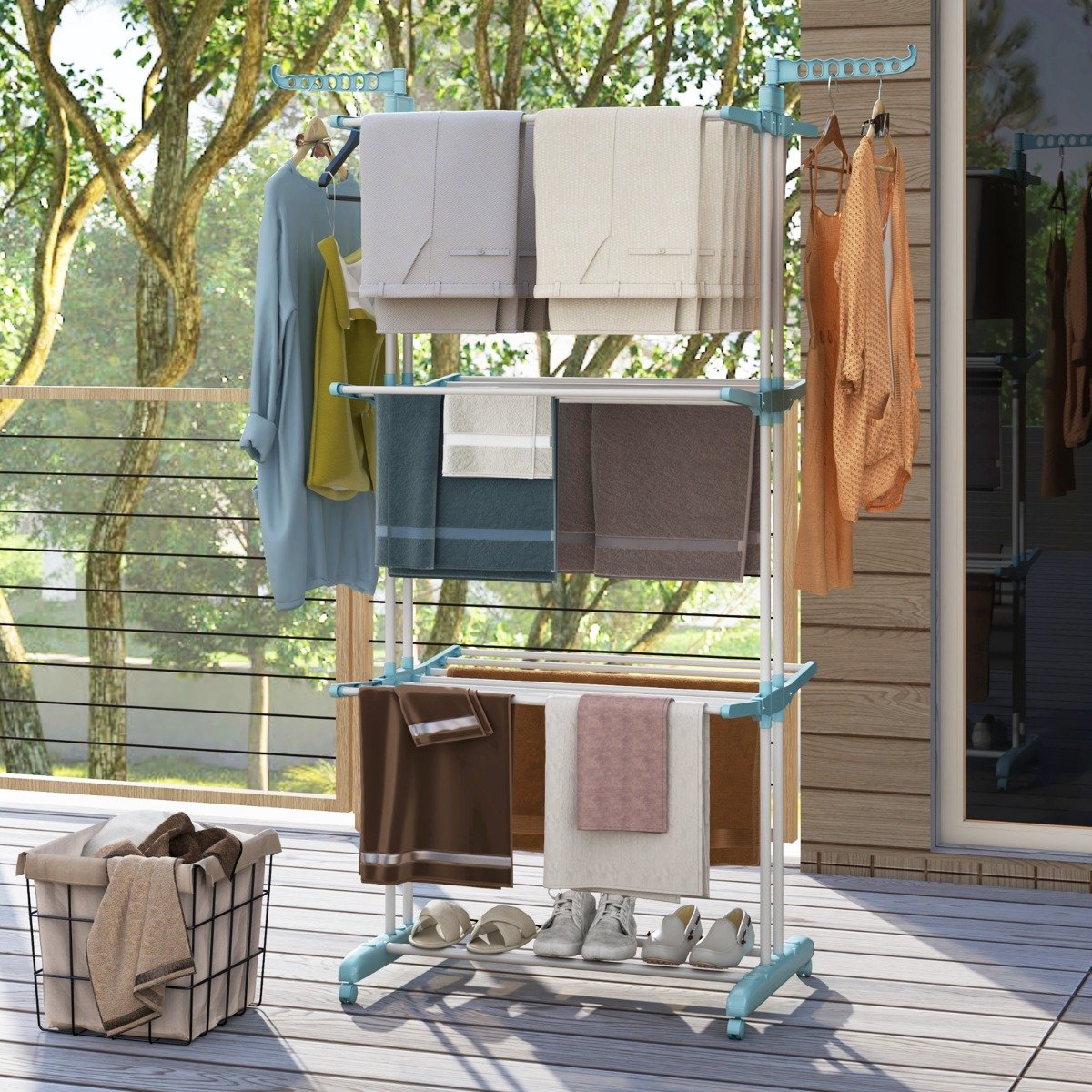 3-stufiger Wäscheständer zusammenklappbarer Wäschetrockner mit drehbaren Seitenflügeln 127 x 63 x 171 cm Blau