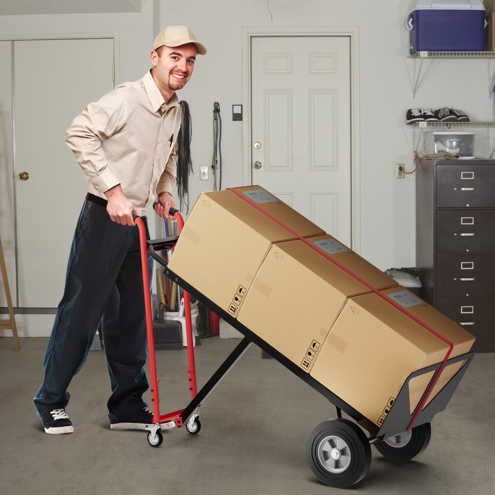 Wandelbarer Handwagen 3-in-1 Metall-Transportwagen mit 4 Gummireifen 450 KG Maximale Traglast Schwarz + Rot