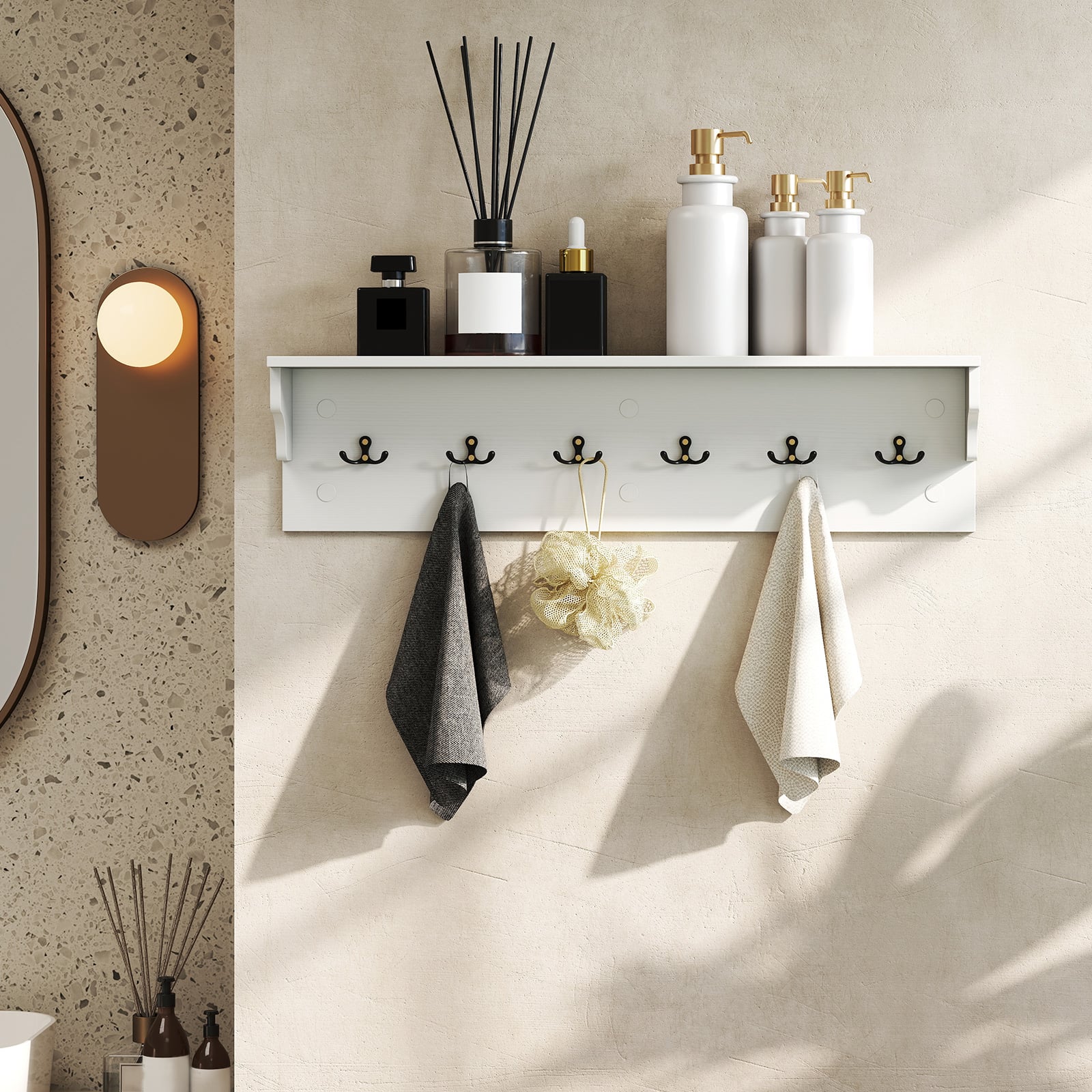 Wandhaken mit Ablage & 6 Haken Holz Garderobe Wandregal für Hüte Handtücher Taschen Weiß