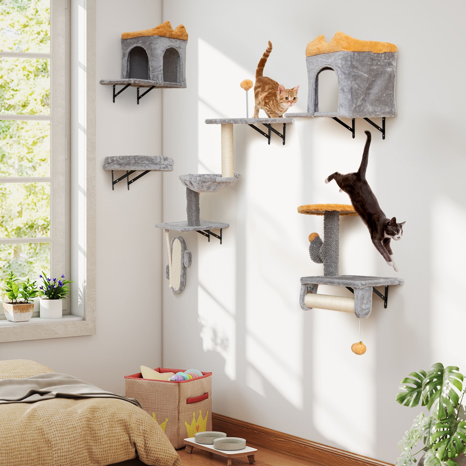Wandmontierter Katzenturm-Set Platzsparendes Kratzbaum-Set mit 2-stufiger Plattform Grau