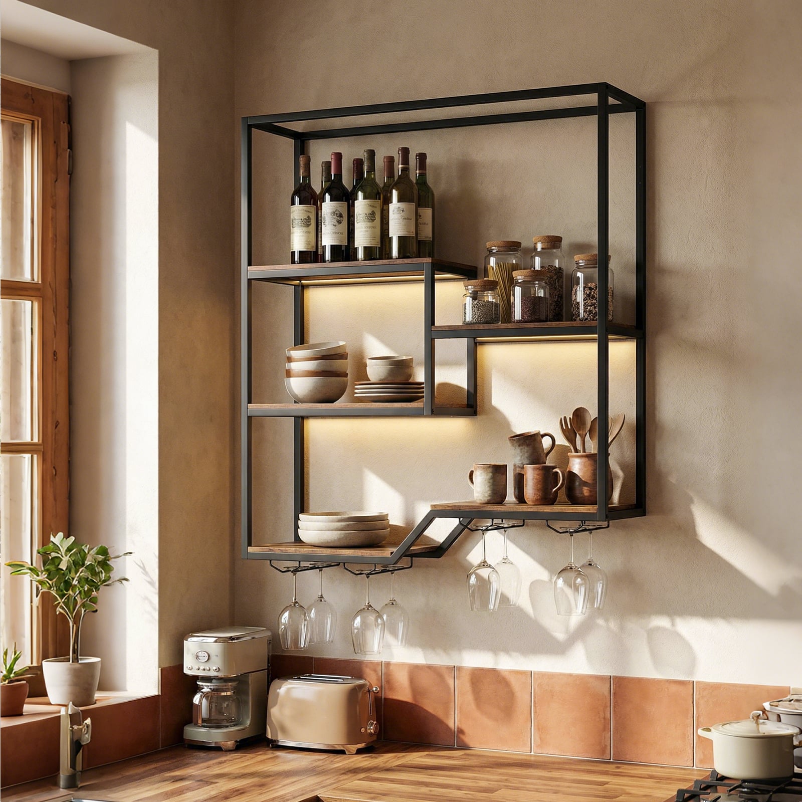 Wandmontierter Weinregal mit Flaschen- & Glasablage 6-stöckiges Hängeregal Rustikal Braun