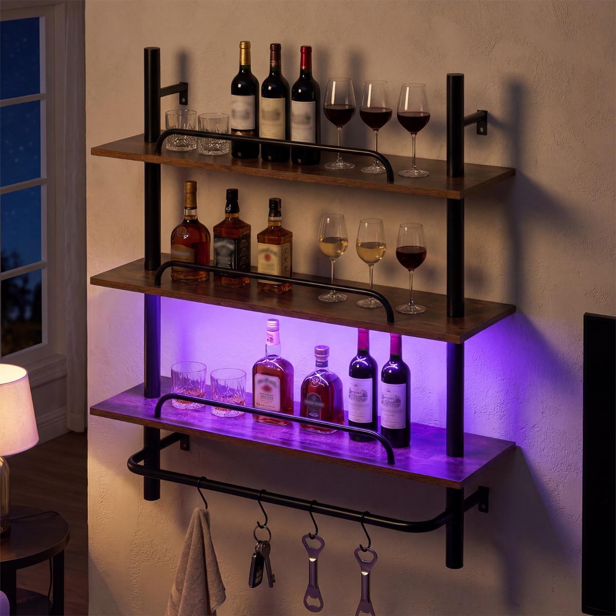 3-stöckiges schwebende Wandregal Hängeregal mit RGB-LED Beleuchtung 80,5 x 24 x 97 cm