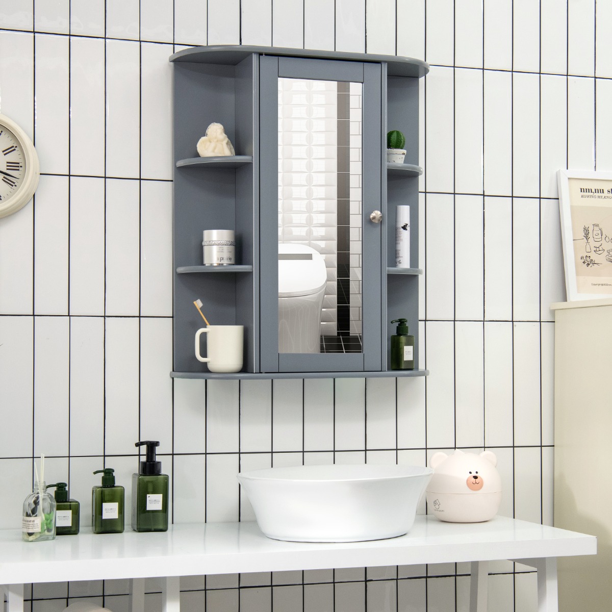 Wandspiegelschrank mit Spiegel Aufbewahrungsschrank für Badezimmer mit Mehreren Einlegeböden Grau