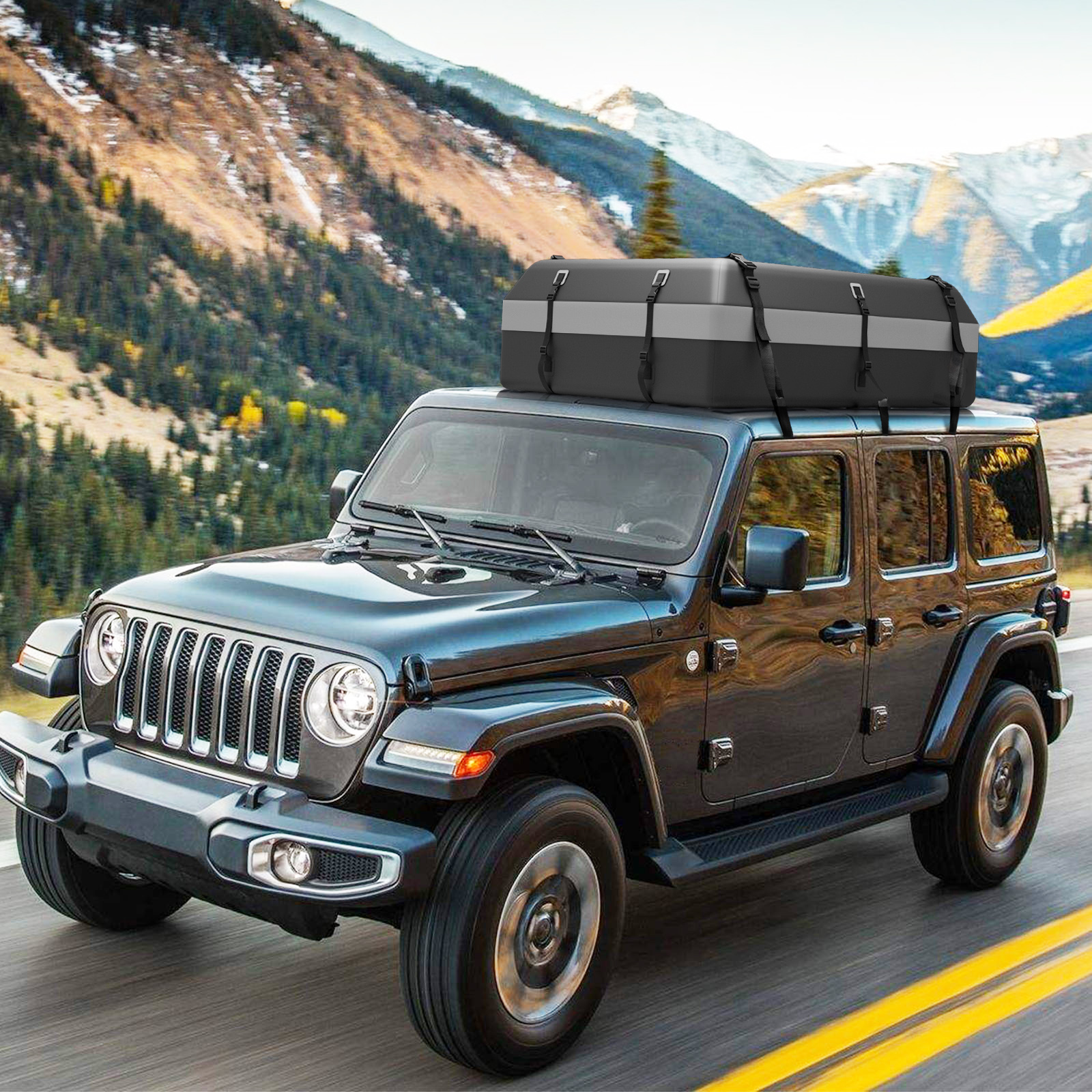600L Dachbox für Auto mit 6 Türhaken & Zahlenschloss Rutschfester Matte & Tragetasche Dachkoffer Grau