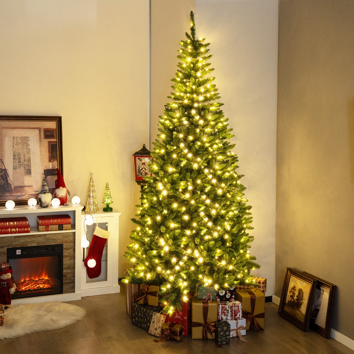 240 cm Künstlicher Weihnachtsbaum mit Beleuchtung für 270° Ecke Kunstbaum Weihnachten für Zuhause Grün