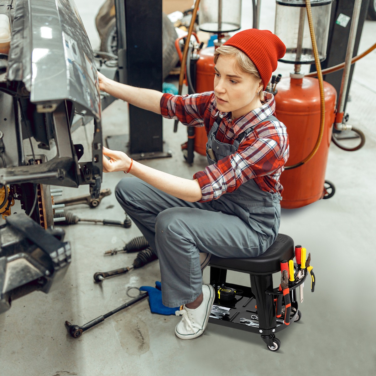 Werkstatthocker Werkstattstuhl mit Geräteablage und Werkzeughalter Werkstatt Rollhocker Schwarz