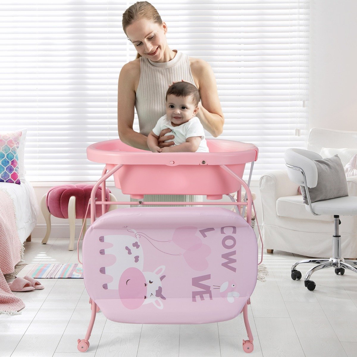 4 in 1 Klappbarer Wickeltisch mit Badewanne Tragbare Wickelkommode mit Wickelauflage Rosa