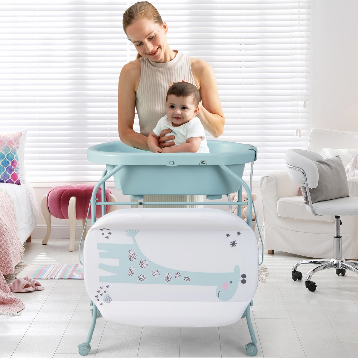 4 in 1 Klappbarer Wickeltisch mit Badewanne Tragbare Wickelkommode mit Wickelauflage Blau