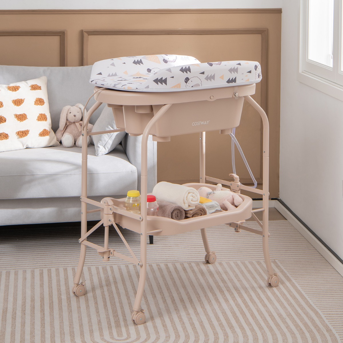 Baby Wickeltisch mit Badewanne Tragbare Wickelkommode mit PVC-Auflage 86 x 50 x 100 cm Beige