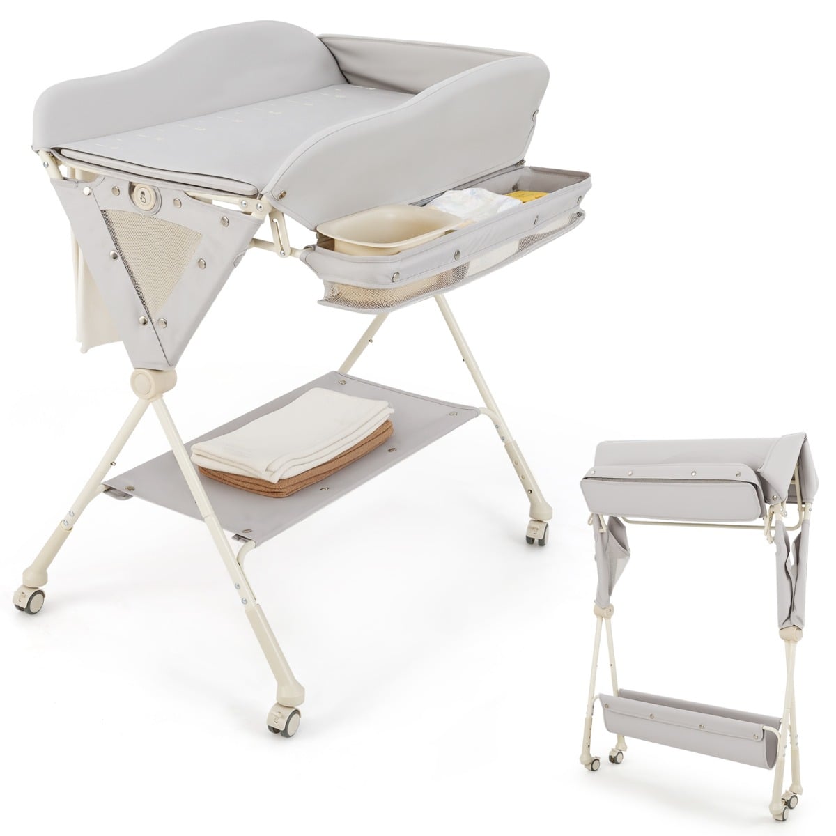 Baby Wickeltisch faltbare Wickelstation mit Wasserbecken Aufbewahrungskorb Grau