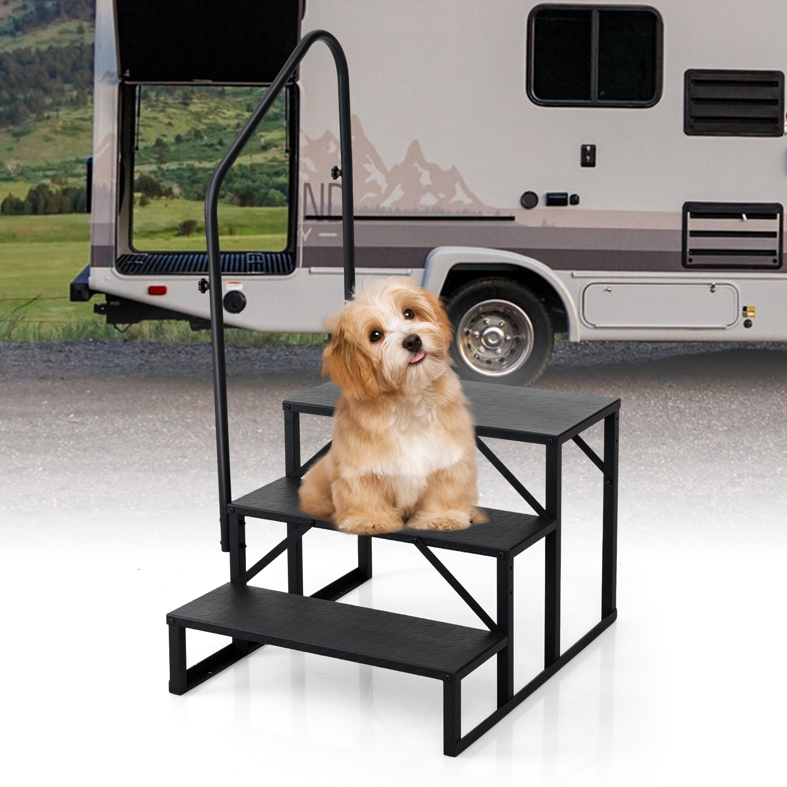 Wohnmobil-Treppe mit Handlauf Schwerlast-Treppenstufe für Whirlpool mit breiten rutschfesten Plattformen Schwarz