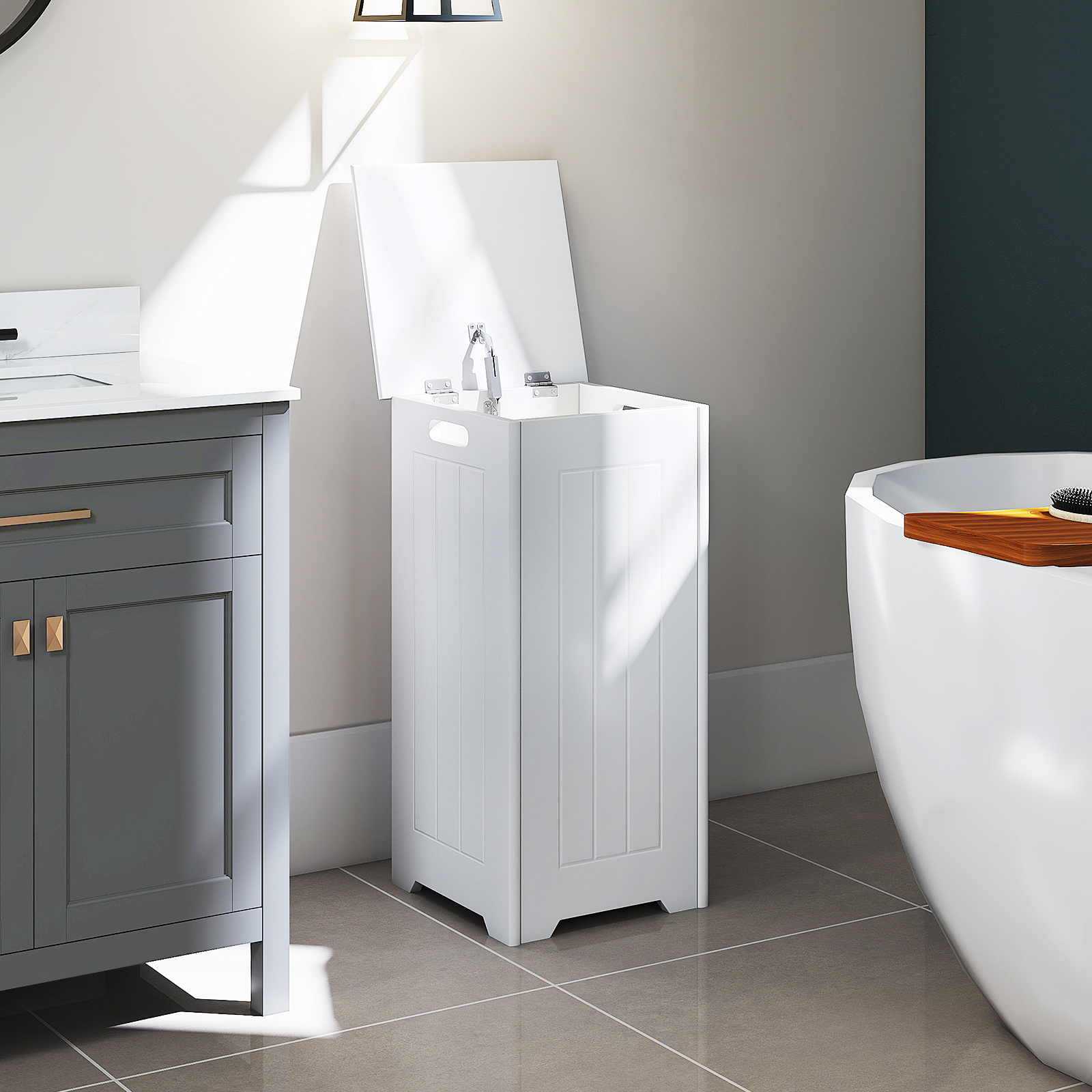 Wäscheschrank freistehend Wäschetruhe Holz Wäschesammler mit Deckel und Tasche Weiß