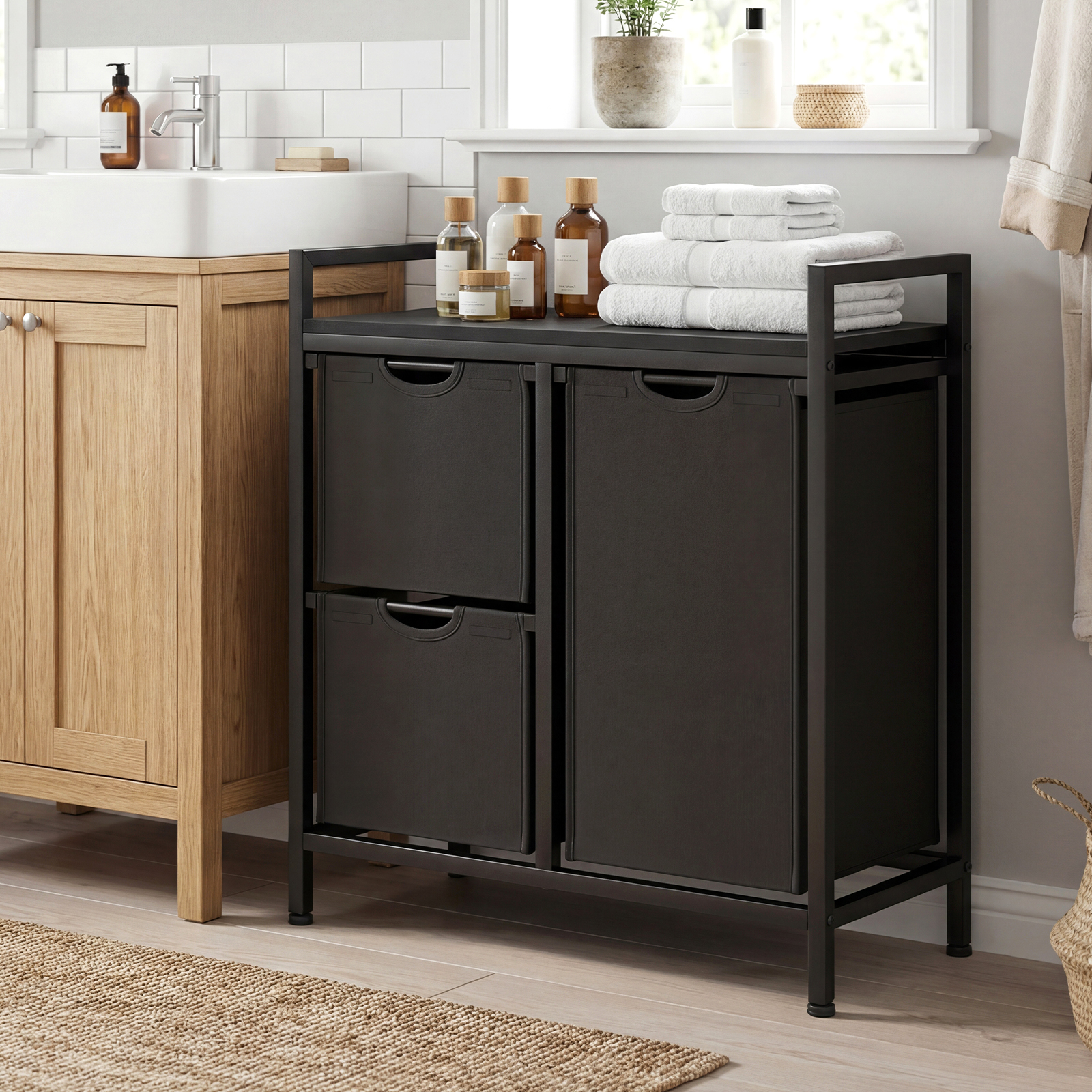 3 Fächer Wäschekorb mit Ablage 75 L Wäschesammler mit 3 Abnehmbaren Taschen Wäschesortierer