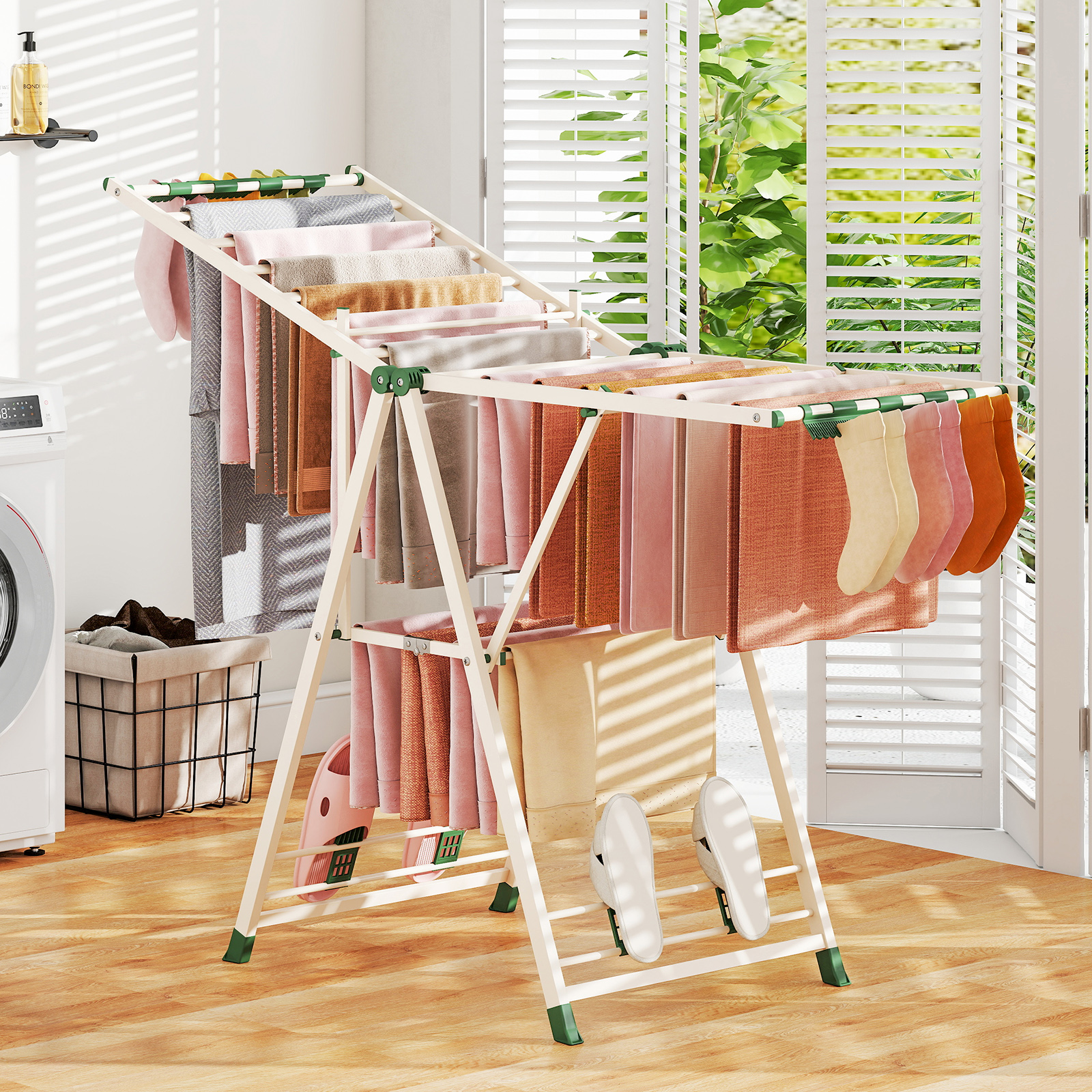 Wäscheständer klappbar mit verstellbaren Flügeln Sockenklammern & Schuhablage Wäschetrockner ausziehbar Beige 163 cm