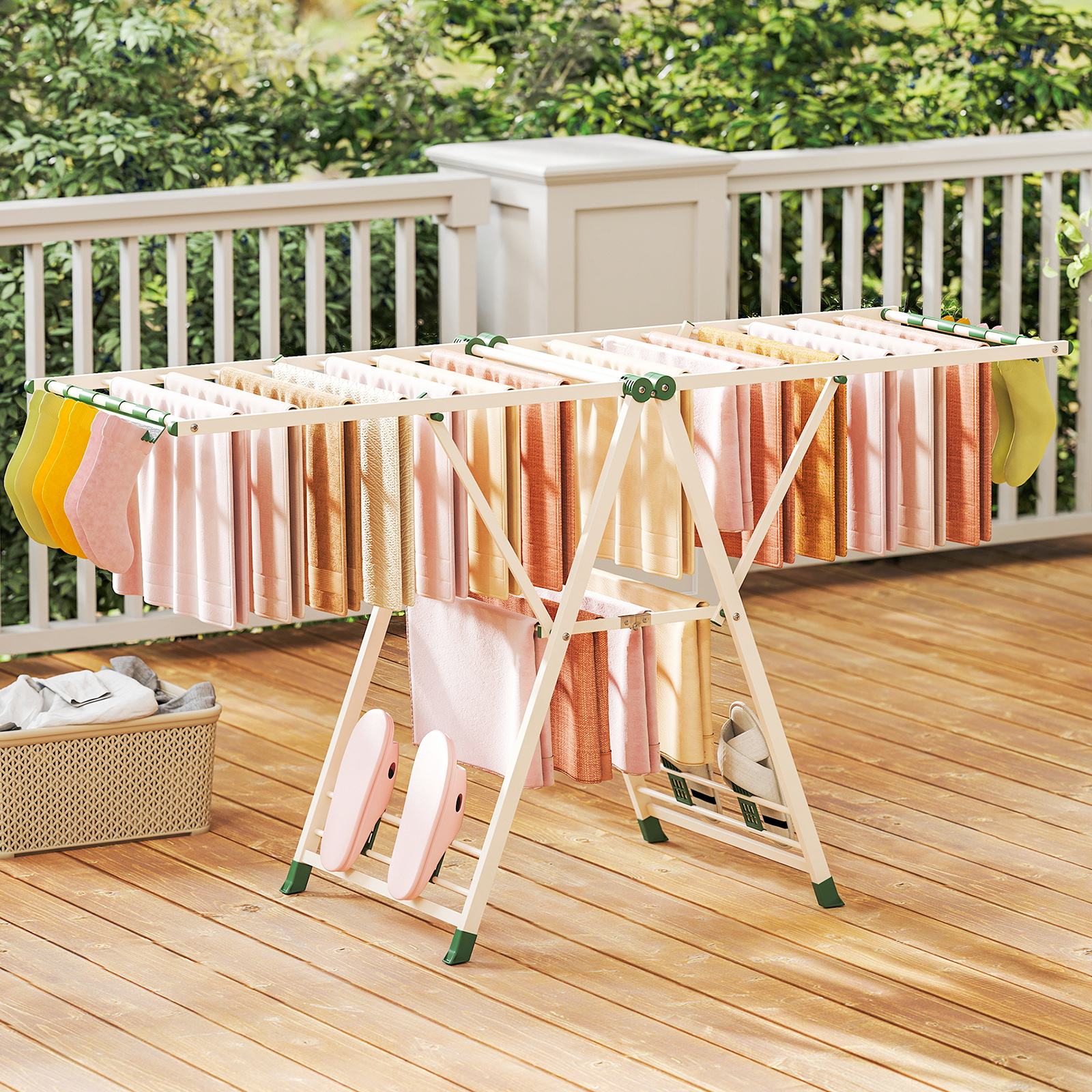 Wäscheständer klappbar mit verstellbaren Flügeln Sockenklammern & Schuhablage Wäschetrockner Beige 184 cm