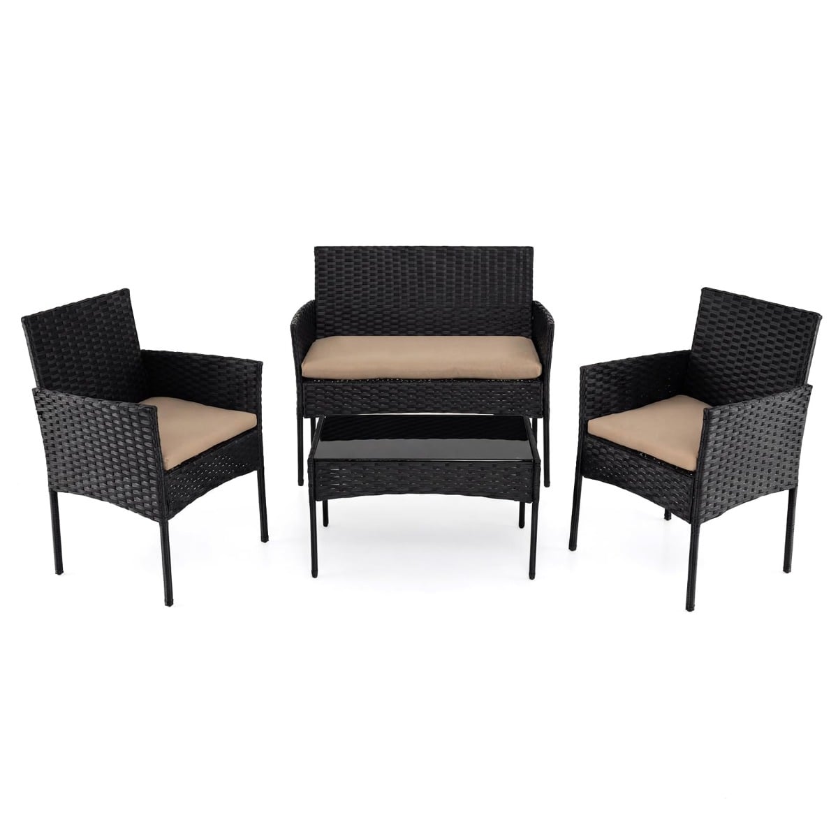 Rattan Gartenmöbel Set mit 2 Stühlen & Bank & Tisch & Kissen Sitzgruppe Gartengarnitur Khaki