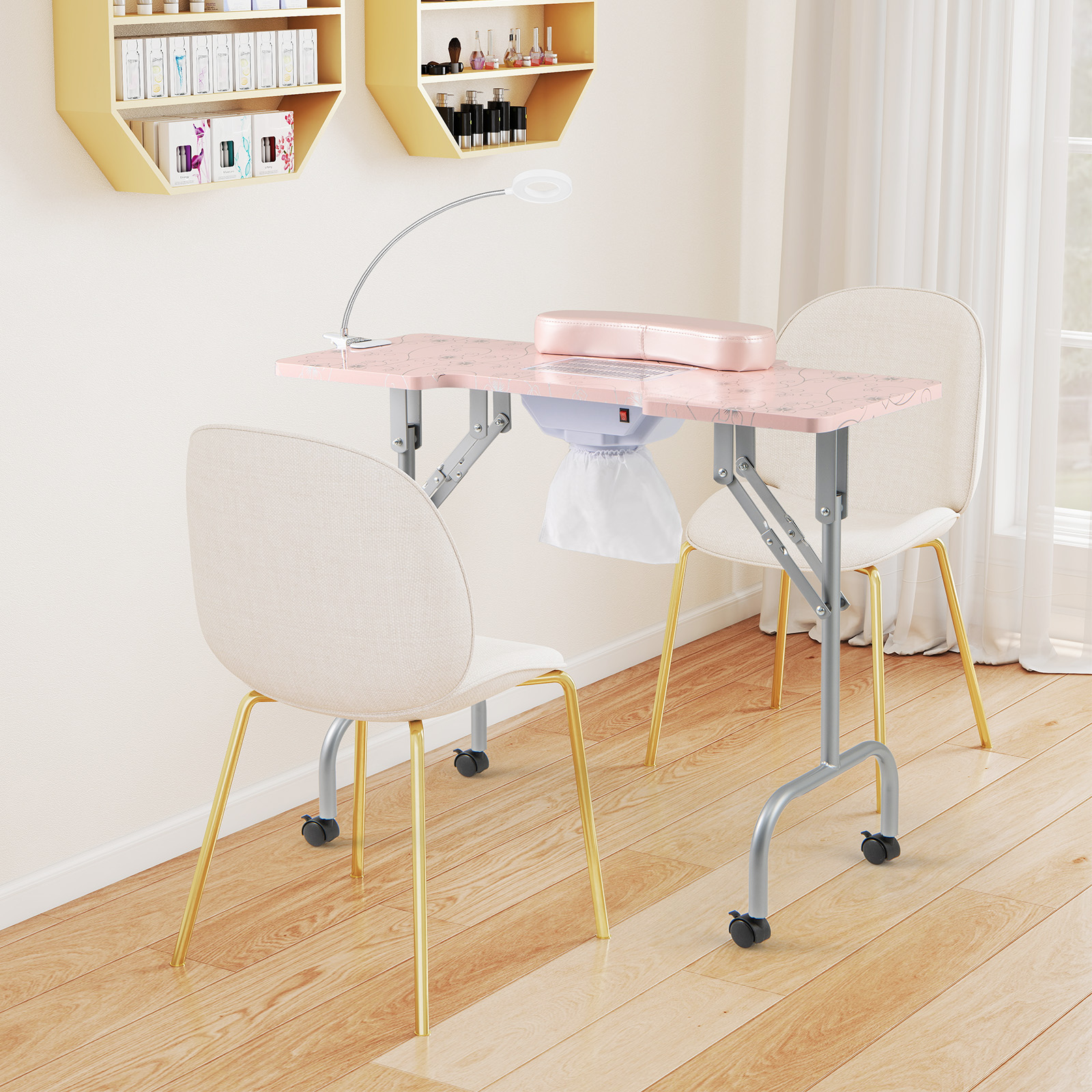 Zusammenklappbarer Maniküretisch mit elektrischem Staubsammler tragbarer Nageltechniker-Schreibtisch Rosa