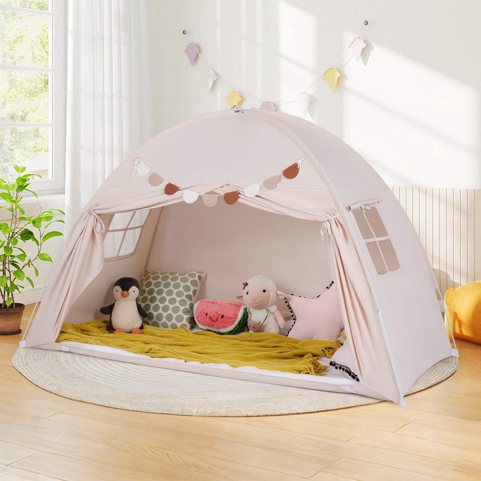 Zwillingsbett-Zelt für Kinder faltbares & tragbares Baldachinzelt für Etagenbett mit 2 Fenstern Beige